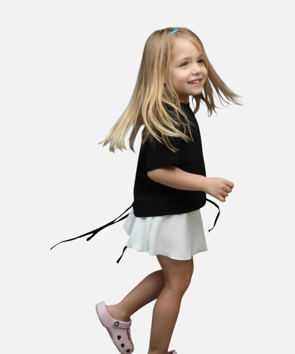 Nounami girls layered set with a black short-sleeve top and white flared skirt featuring ribbon tie waist detail.