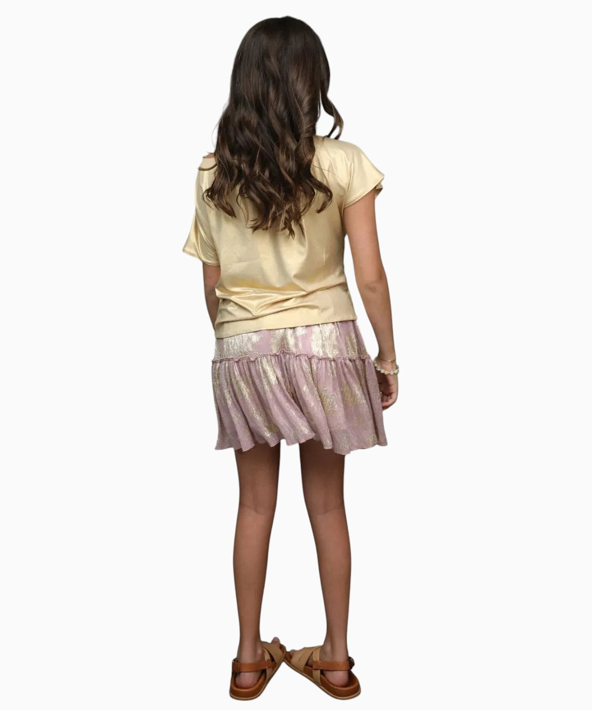 Nounami two-piece set with metallic gold short-sleeve top and dusty rose tiered skirt with gold foil print